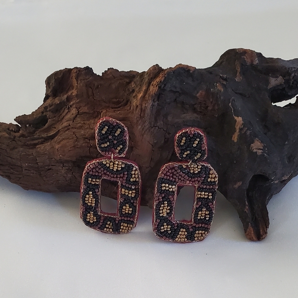 Handcrafted Seed Beaded Earrings Black Brown And Gold Geometric Boho Drop Dangle
